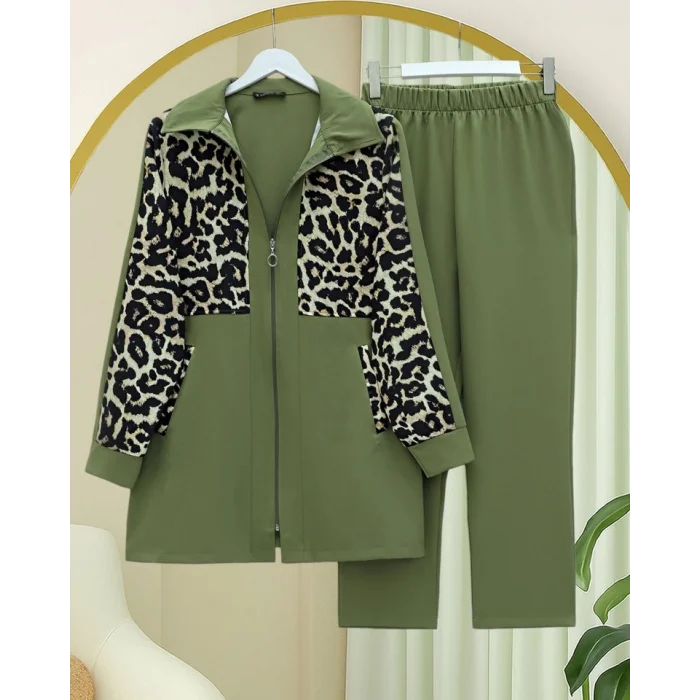 Gömlek Yaka Boydan Fermuarlı Pantolonlu Takım   -Haki