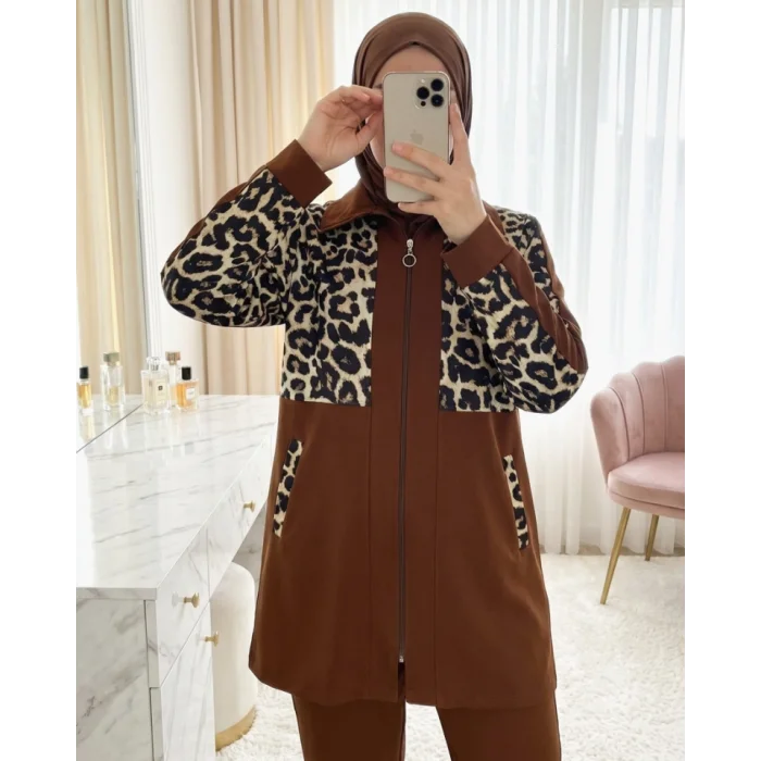 Gömlek Yaka Boydan Fermuarlı Pantolonlu Takım   -Taba