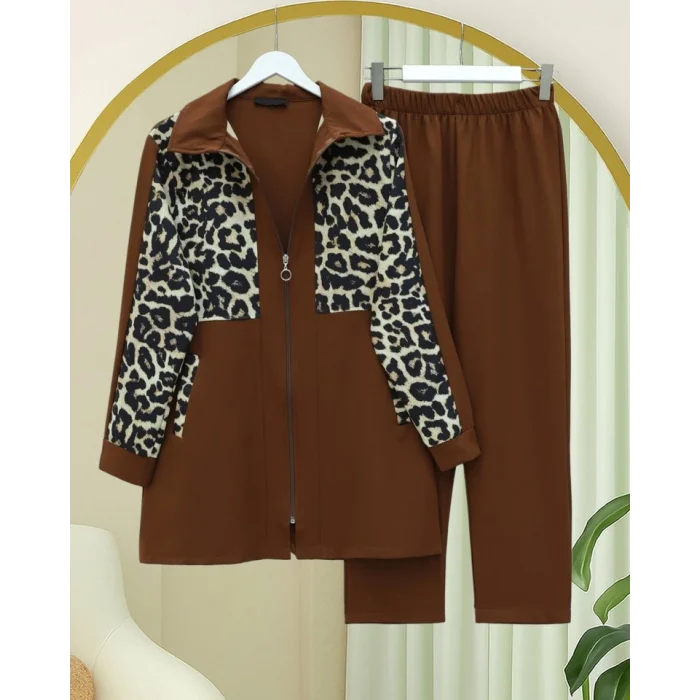 Gömlek Yaka Boydan Fermuarlı Pantolonlu Takım   -Taba