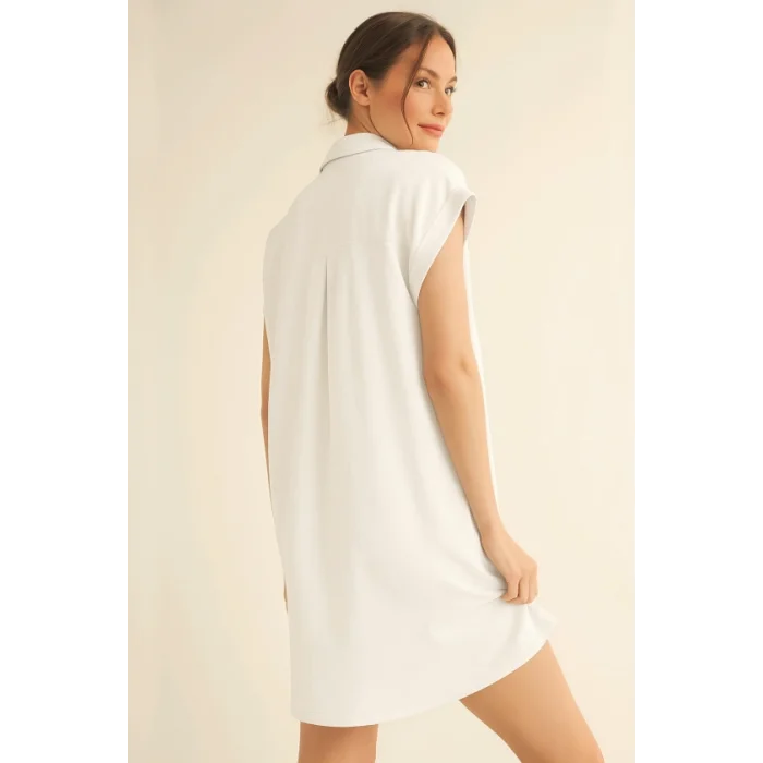 Gömlek Yaka Cepli Süprem Penye Elbise -Beyaz