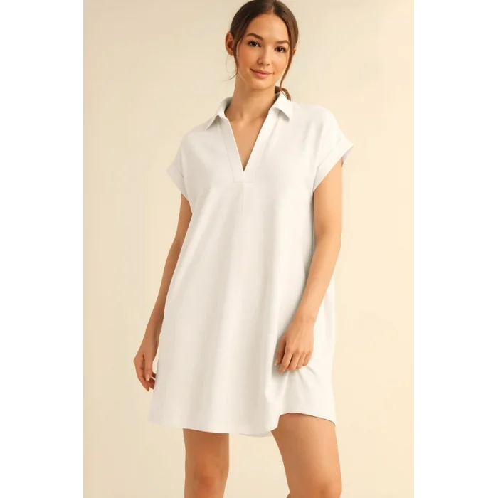 Gömlek Yaka Cepli Süprem Penye Elbise -Beyaz