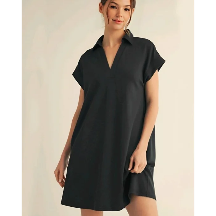 Gömlek Yaka Cepli Süprem Penye Elbise -Siyah