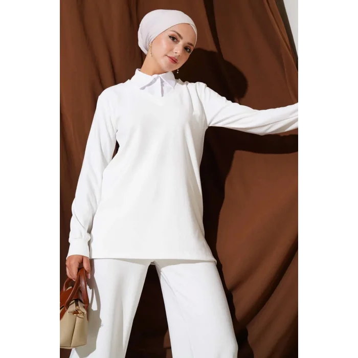 Gömlek Yaka Fitilli Salaş İkili Takım beyaz T4300