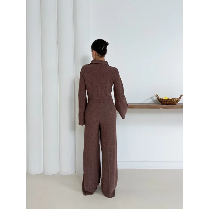 Gömlek yaka kaplama düğmeli takım kahve st265866