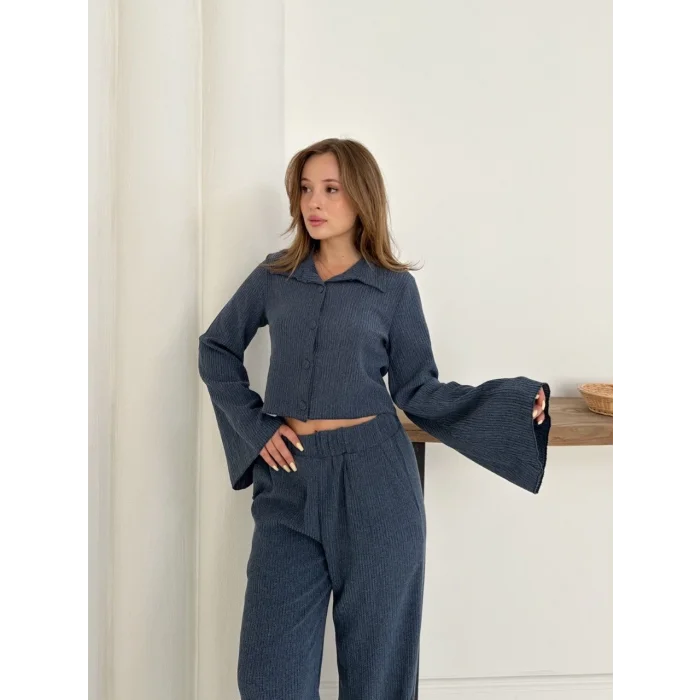 Gömlek yaka kaplama düğmeli takım lacivert st265866