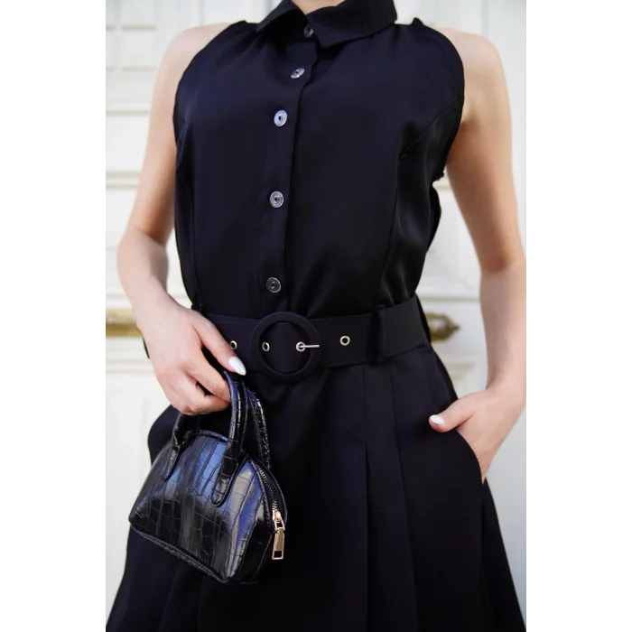 Gömlek yaka kemerli elbise siyah s255061