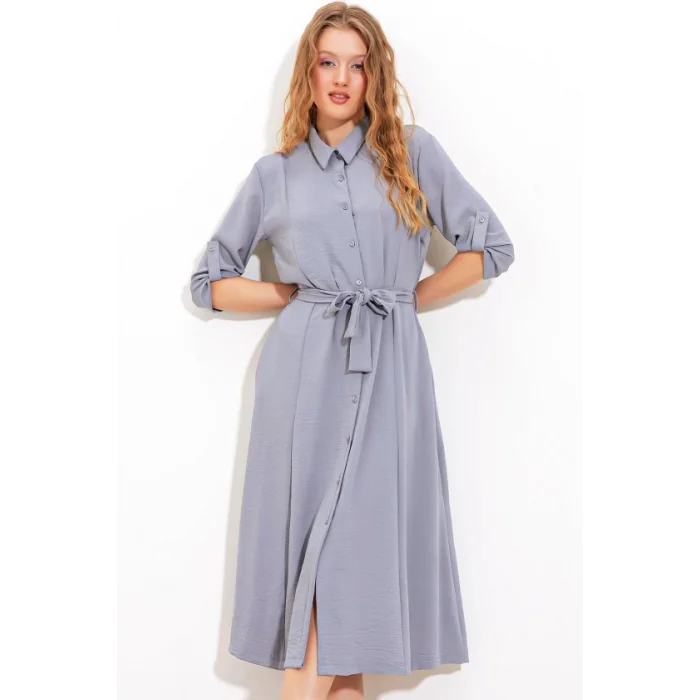 Gri Kuşaklı Gömlek Elbise 2442