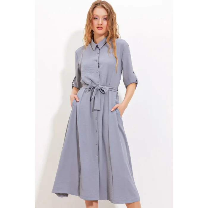 Gri Kuşaklı Gömlek Elbise 2442
