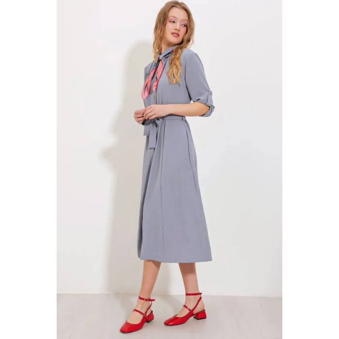 Gri Kuşaklı Gömlek Elbise 2442
