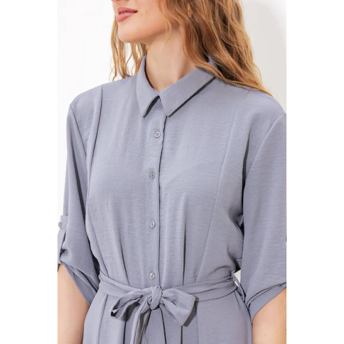 Gri Kuşaklı Gömlek Elbise 2442