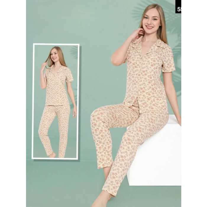 Gül Desenli Düğmeli Pijama Takımı -Somon