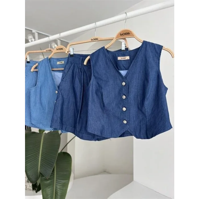 Gümüş Düğmeli Yelek Ve Şort Tensel Takım 10174