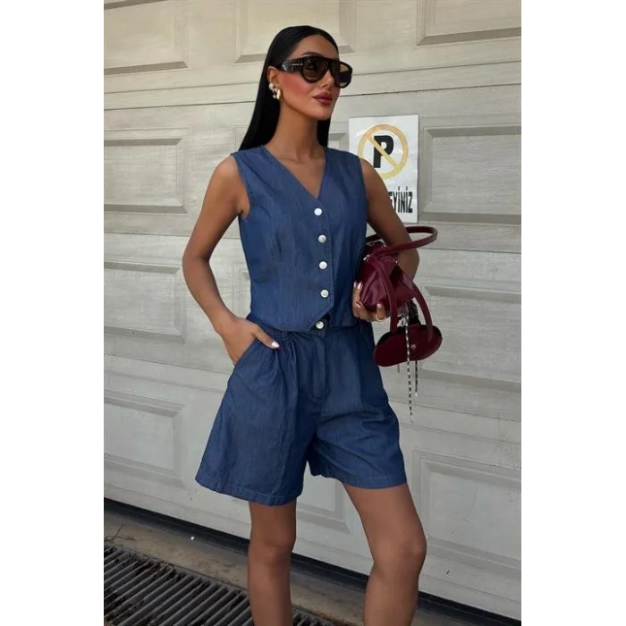 Gümüş Düğmeli Yelek Ve Şort Tensel Takım 10174