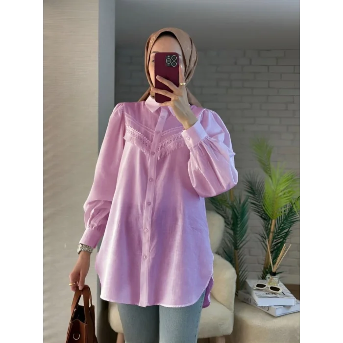 Güpür Püsküllü Ham Keten Balon Kol Gömlek  -Pudra