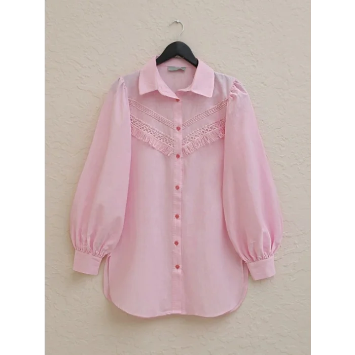 Güpür Püsküllü Ham Keten Balon Kol Gömlek  -Pudra