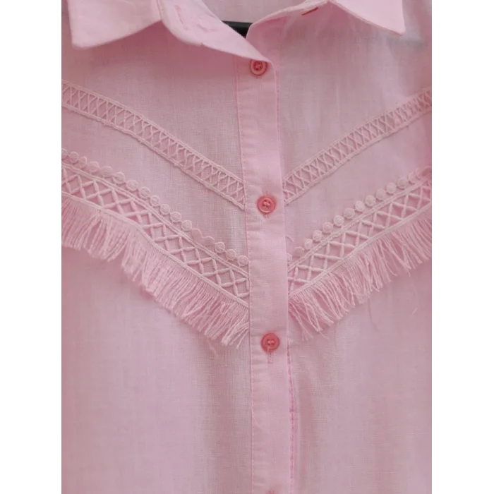 Güpür Püsküllü Ham Keten Balon Kol Gömlek  -Pudra