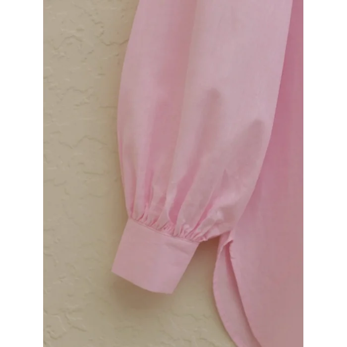 Güpür Püsküllü Ham Keten Balon Kol Gömlek  -Pudra