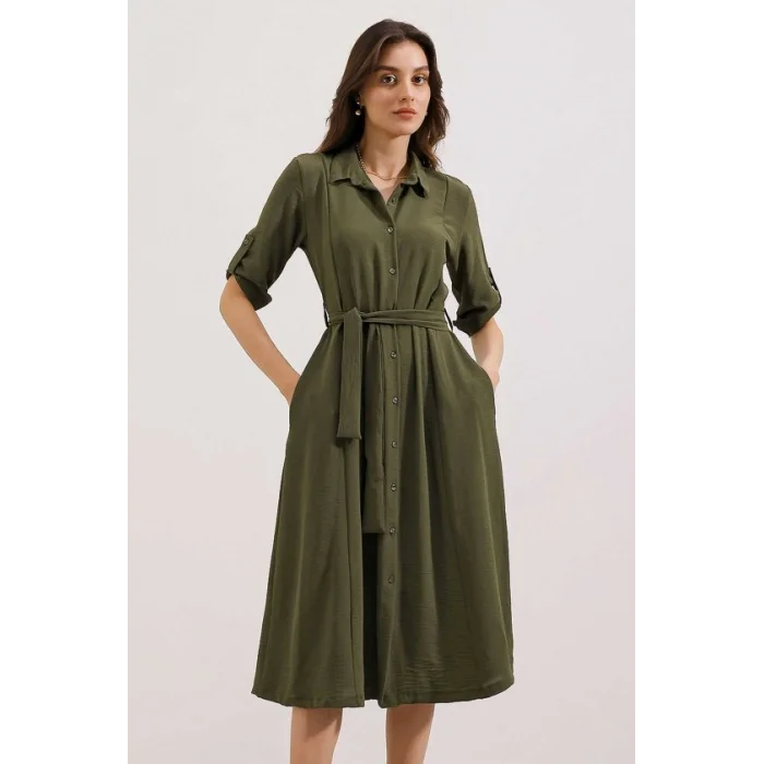 Haki Kuşaklı Gömlek Elbise 2442