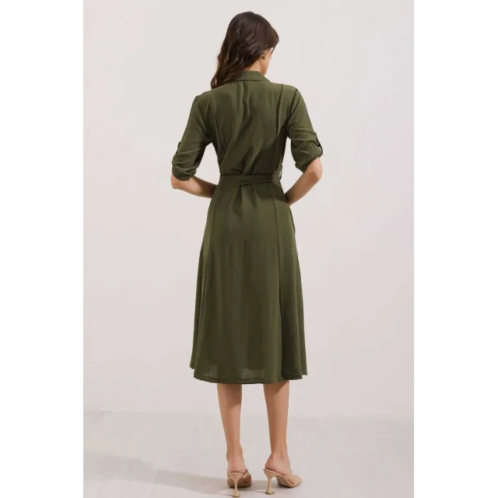 Haki Kuşaklı Gömlek Elbise 2442