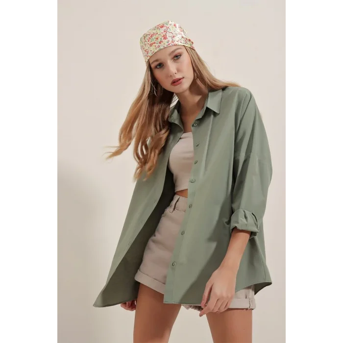 Haki Oversize Uzun Basic Gömlek 3900