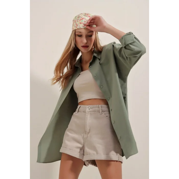 Haki Oversize Uzun Basic Gömlek 3900