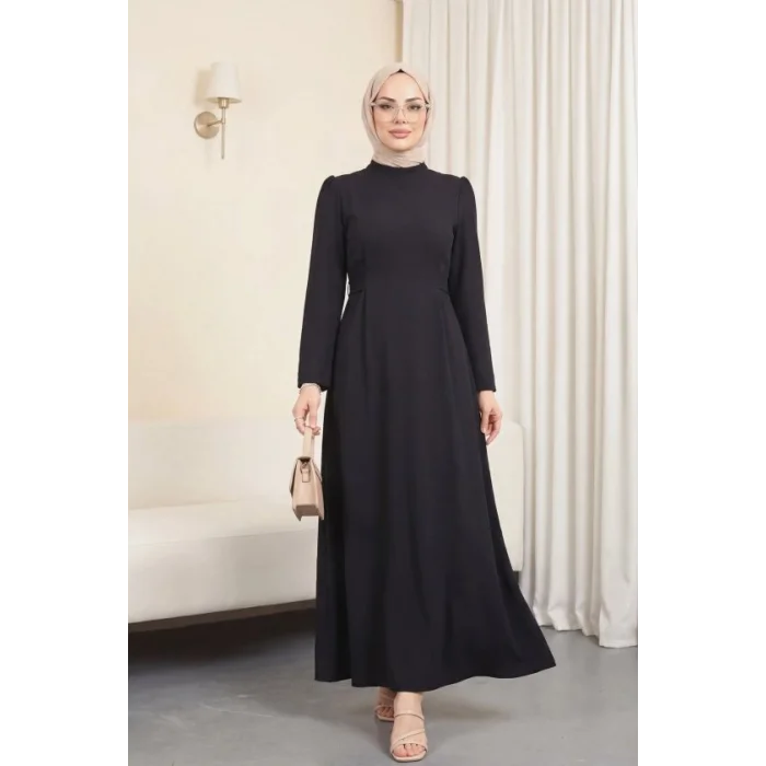 Hakim Yaka Belden Bağlamalı Elbise -Siyah