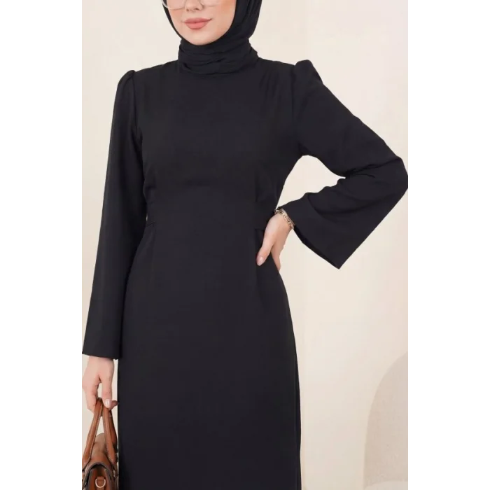 Hakim Yaka Belden Bağlamalı Elbise -Siyah
