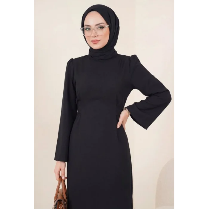 Hakim Yaka Belden Bağlamalı Elbise -Siyah