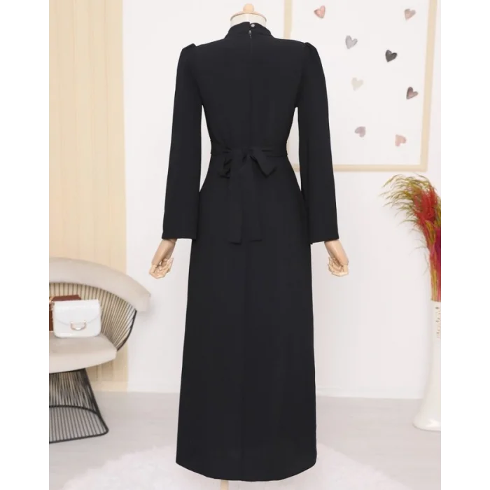 Hakim Yaka Belden Bağlamalı Elbise -Siyah