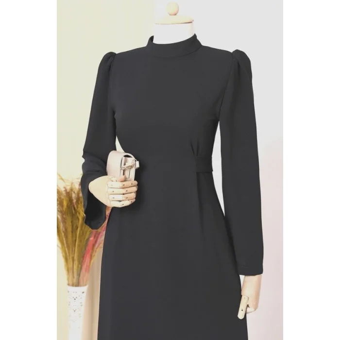 Hakim Yaka Belden Bağlamalı Elbise -Siyah