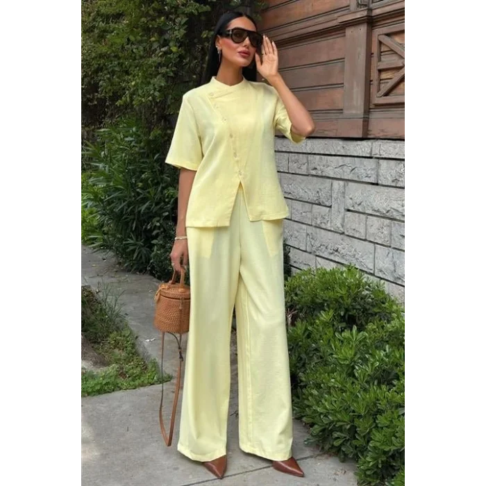 Hakim Yaka Çapraz Düğmeli Plazzo Pantolon Viscon Keten Takım 10209