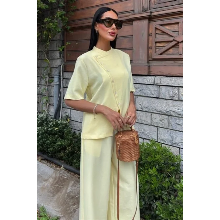 Hakim Yaka Çapraz Düğmeli Plazzo Pantolon Viscon Keten Takım 10209