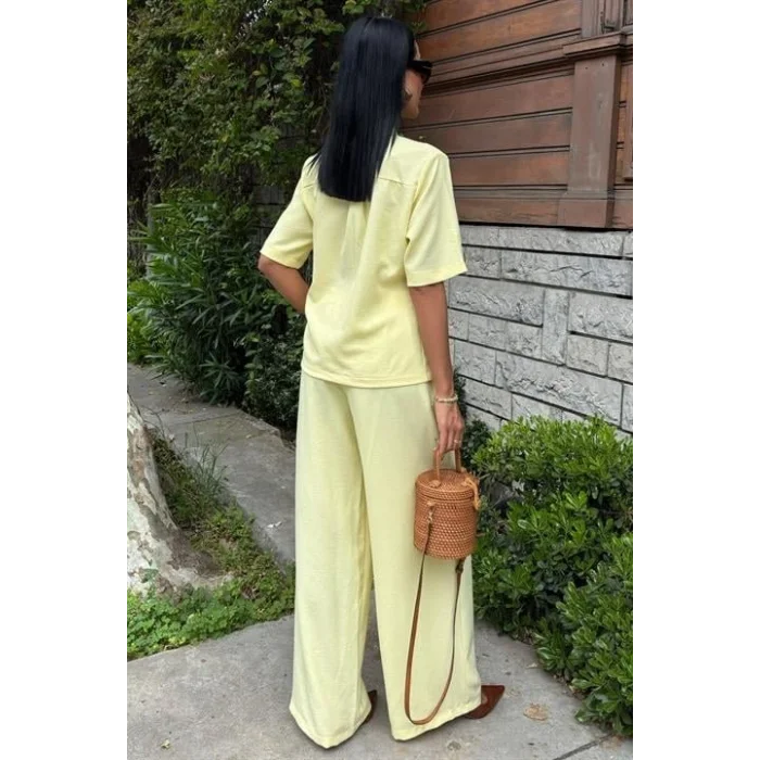 Hakim Yaka Çapraz Düğmeli Plazzo Pantolon Viscon Keten Takım 10209