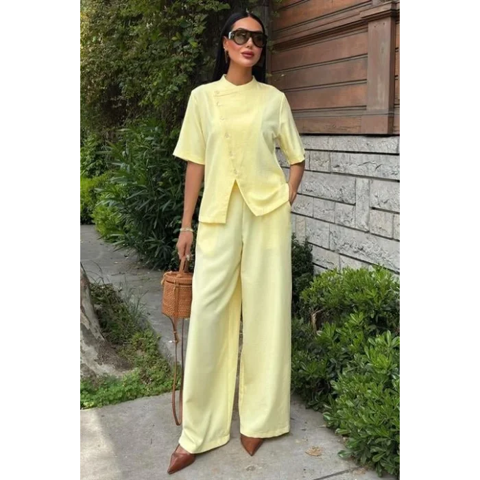 Hakim Yaka Çapraz Düğmeli Plazzo Pantolon Viscon Keten Takım 10209