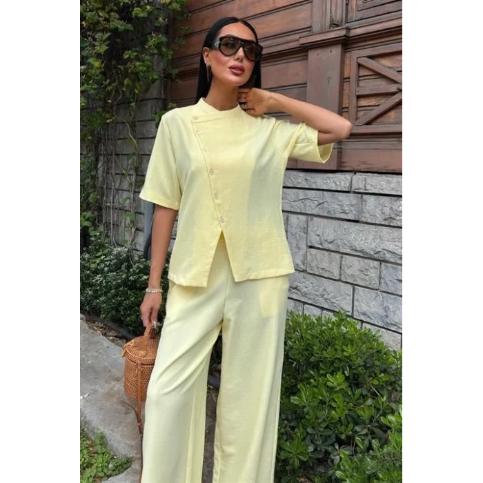 Hakim Yaka Çapraz Düğmeli Plazzo Pantolon Viscon Keten Takım 10209