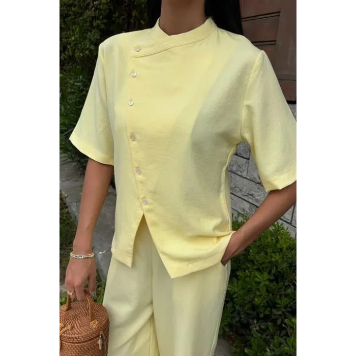 Hakim Yaka Çapraz Düğmeli Plazzo Pantolon Viscon Keten Takım 10209