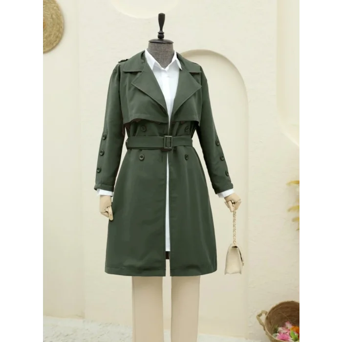 İç Astarlı Düğmeli Kemerli Trençkot  -Haki