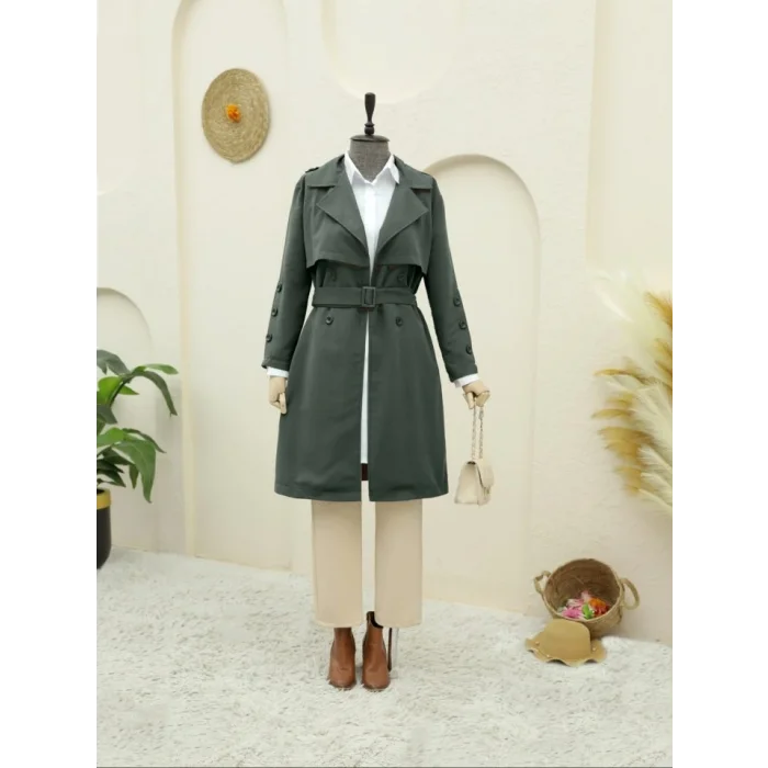 İç Astarlı Düğmeli Kemerli Trençkot  -Haki