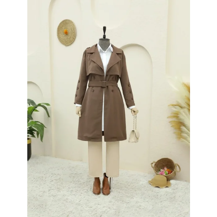 İç Astarlı Düğmeli Kemerli Trençkot  -Kahve
