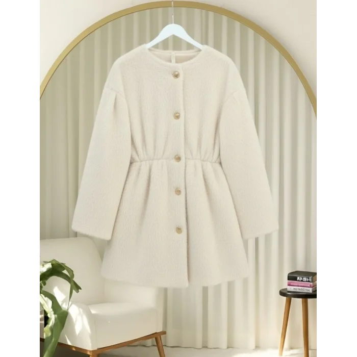 İçi Astarlı Beli Büzgülü Kürklü Ceket  -Krem