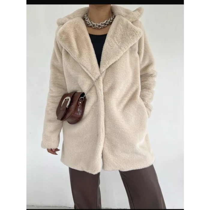 İçi Astarlı Cepli Kürklü Ceket -Taş