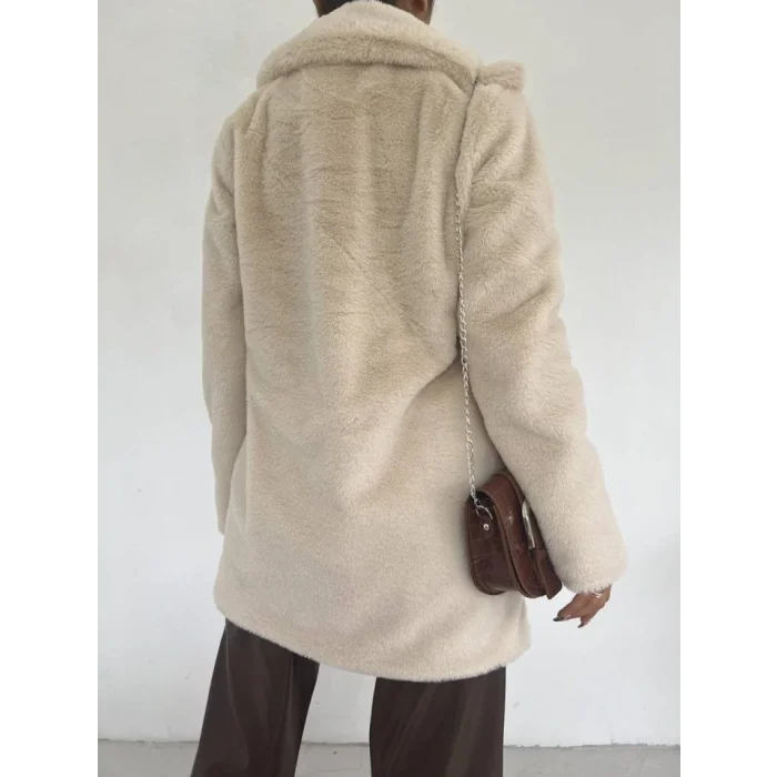 İçi Astarlı Cepli Kürklü Ceket -Taş