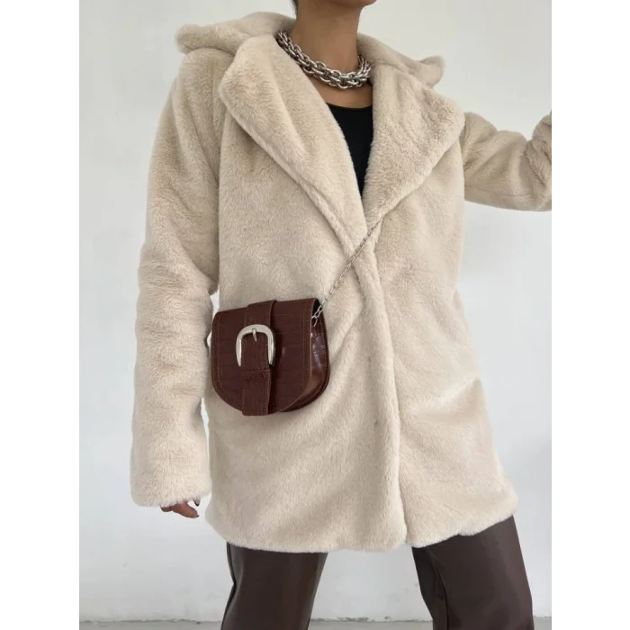 İçi Astarlı Cepli Kürklü Ceket -Taş