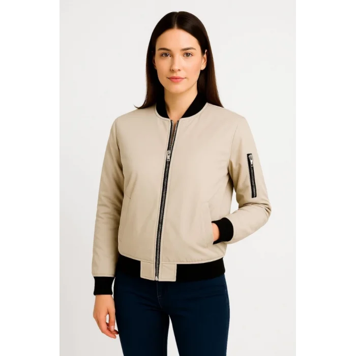 Içi Astarlı Fermuarlı Bomber Mont Ceket - Bej
