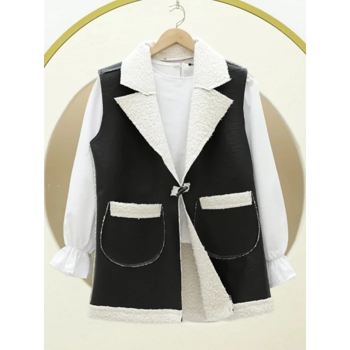 İçi Kuzu Peluş Çift Cepli Yelek   -Ekru
