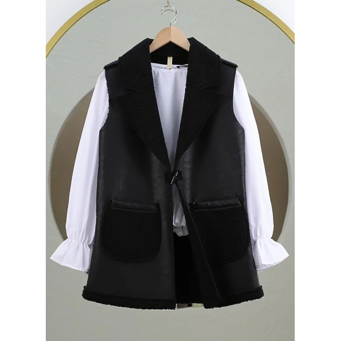 İçi Kuzu Peluş Çift Cepli Yelek -Siyah