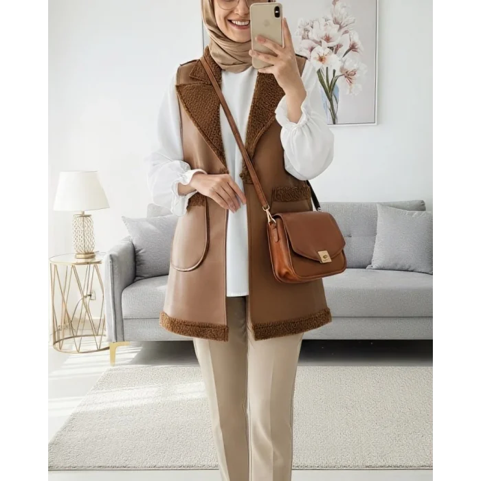 İçi Kuzu Peluş Çift Cepli Yelek   -Taba