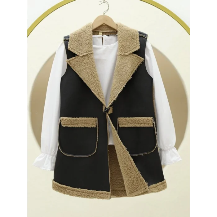 İçi Kuzu Peluş Çift Cepli Yelek  -Vizon