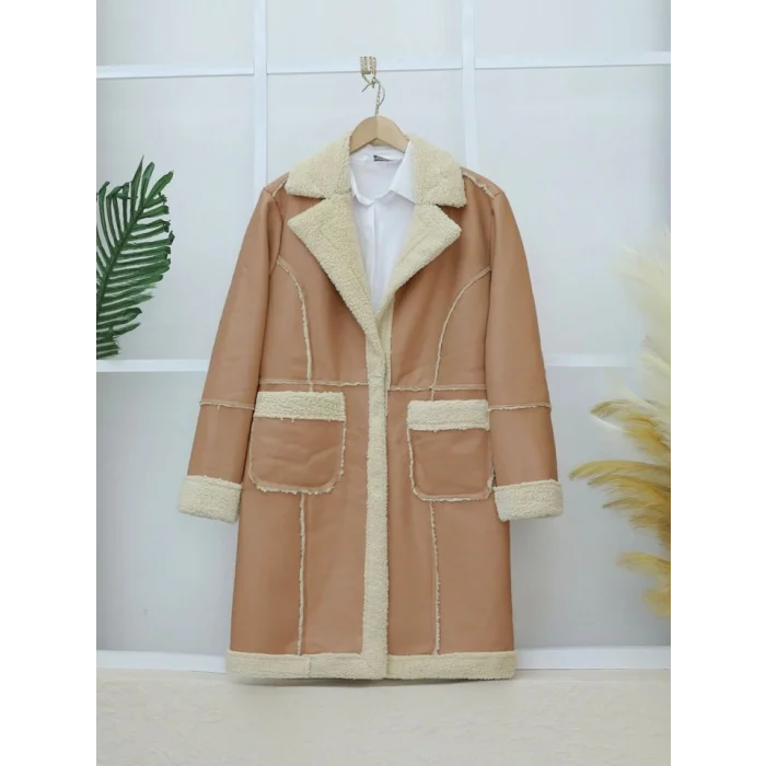 İçi Peluşlu Çıtçıtlı Cepli Deri Mont -Vizon