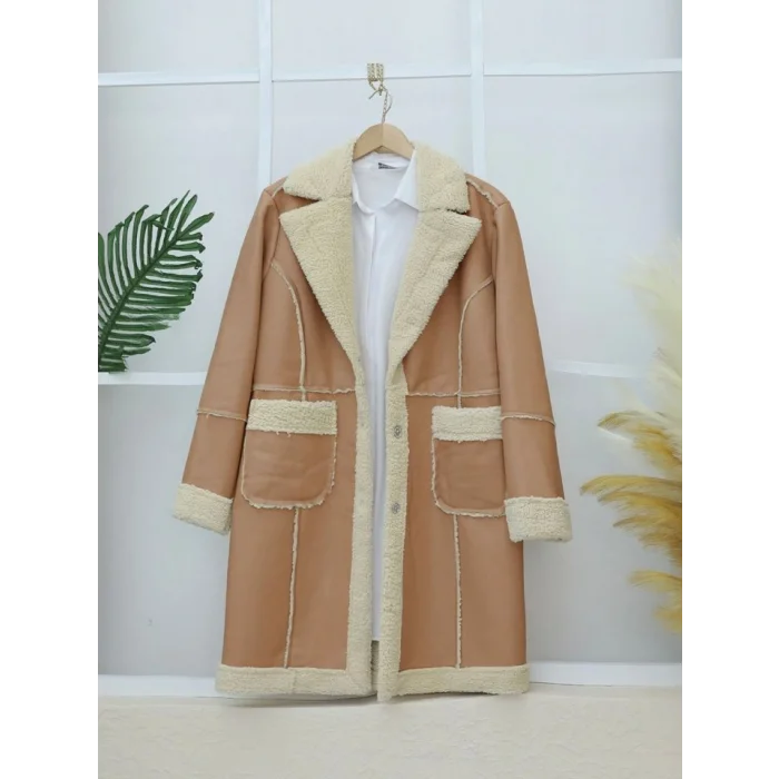 İçi Peluşlu Çıtçıtlı Cepli Deri Mont -Vizon